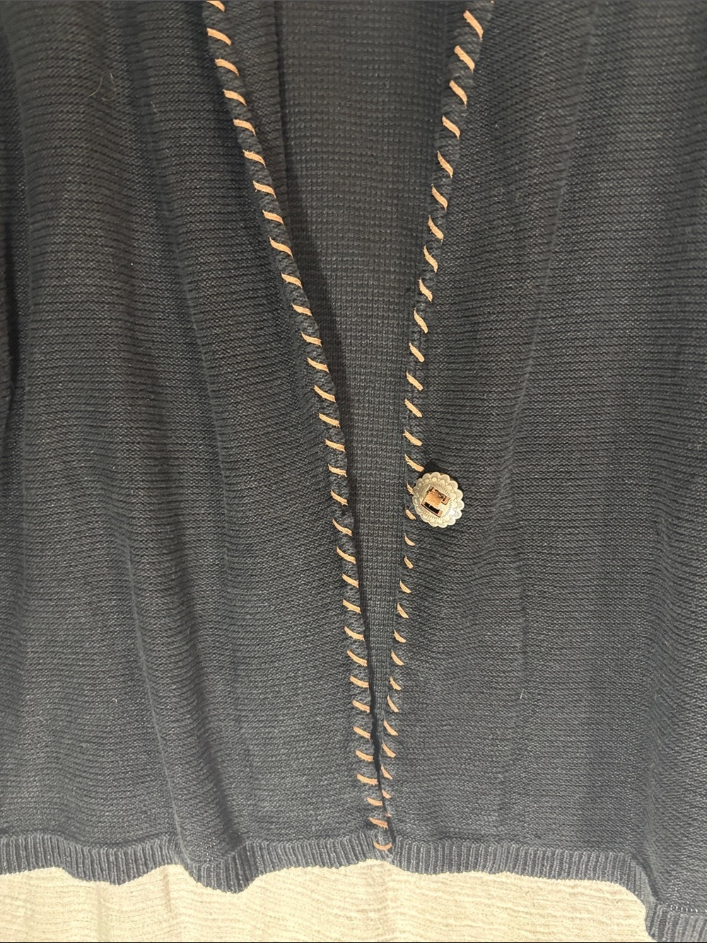Lauren Ralph Lauren Black Cardigan with Tan Whipstitch Trim Linen Cotton Blend - Picture 4 of 10